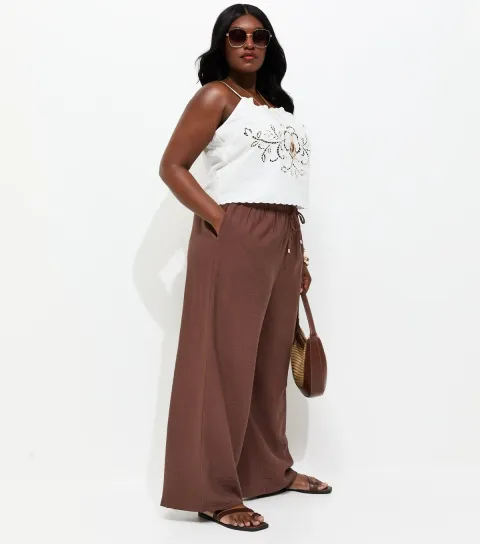 Women's Plus Size Dark Brown Woven Wide Leg Trousers Curves