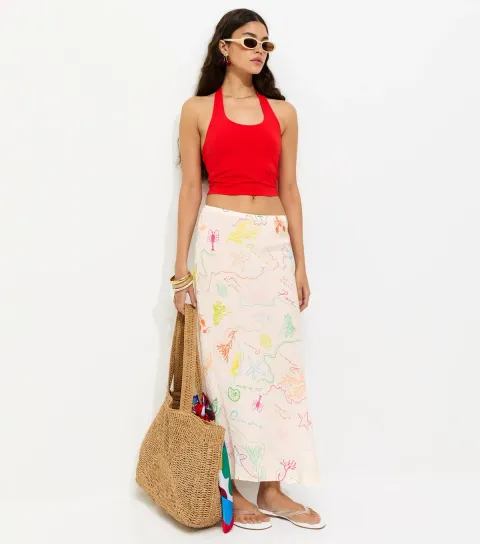 Women's Multicoloured Ocean Print Bias Cut Midi Skirt