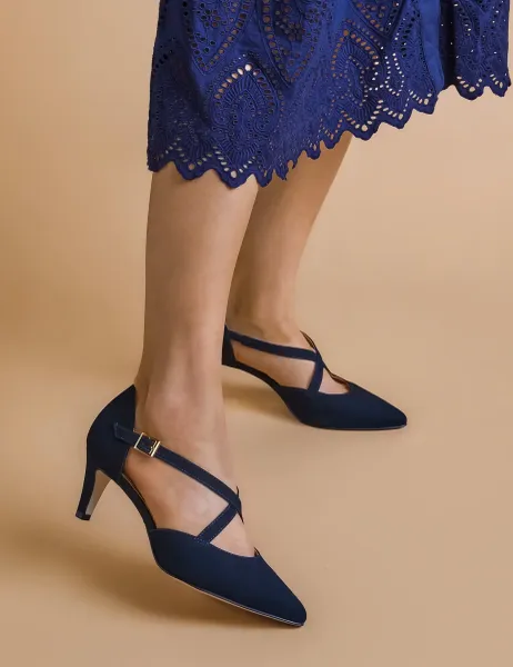 Jones Bootmaker Leather Strappy Kitten Heel Pointed Court Shoes Navy