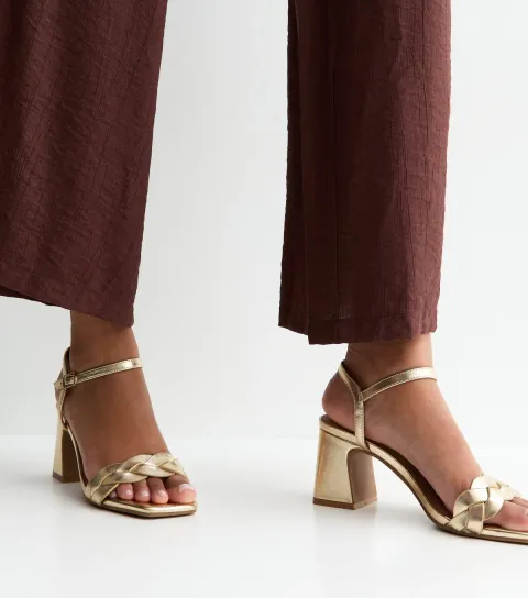 New Look Women's Gold Faux Leather Braided Block Heel Sandals Vegan