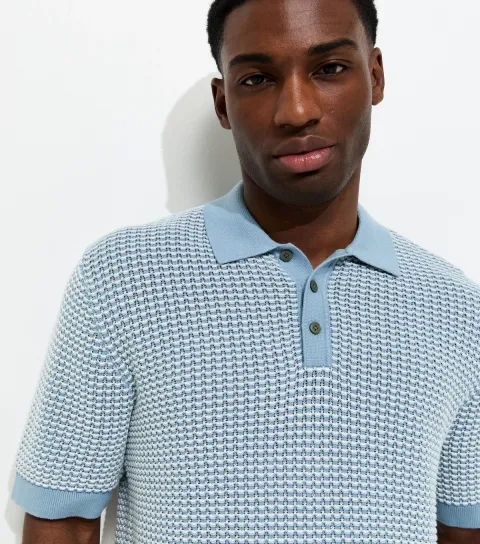 Men's Light Blue Cotton Relaxed Textured Knit Polo Shirt