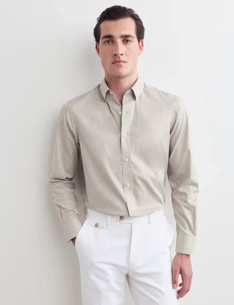 Jaeger Regular Fit Pure Cotton Gingham Luxury Shirt Neutral Brown