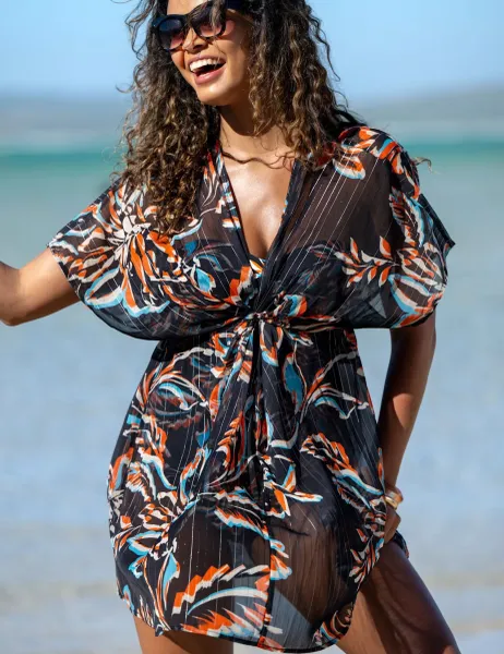 Pour Moi Chiffon Floral Mini Kaftan Beach Cover Up Black Mix