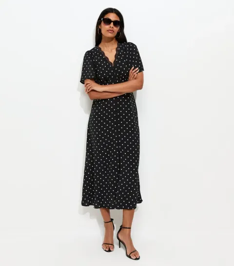 Women's Black Spot Print Lace Trim V-Neck Button Detail Midi Dress