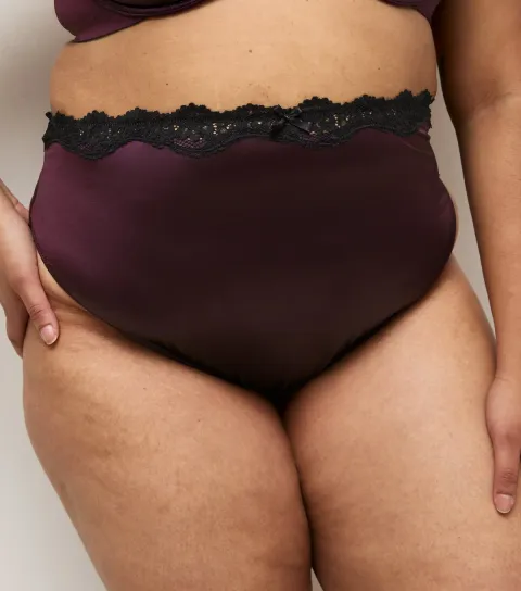 Women's Plus Size Dark Purple Satin and Lace High Waist Thong Curves