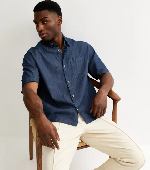 Men's Blue Boxy Denim Short Sleeve Shirt