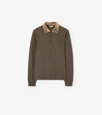 Long-sleeve Check Collar Cotton Polo Shirt in Sepia brown