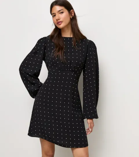 Women's Black Polka Dot Long Sleeve Mini Dress