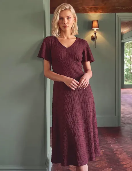 Roman Petite V Neck Fit And Flare Dress Burgundy Mix