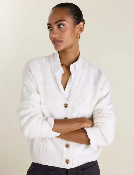 Pure Merino Wool Argyle V-Neck Cardigan Cream
