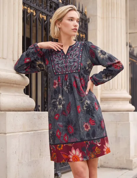 Roman Floral V Neck Panel Knee Length Dress Grey