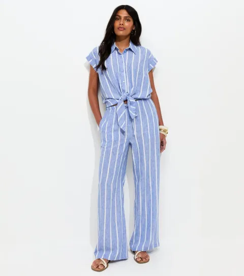 Women's Blue Striped Drawstring Wide Leg Trousers