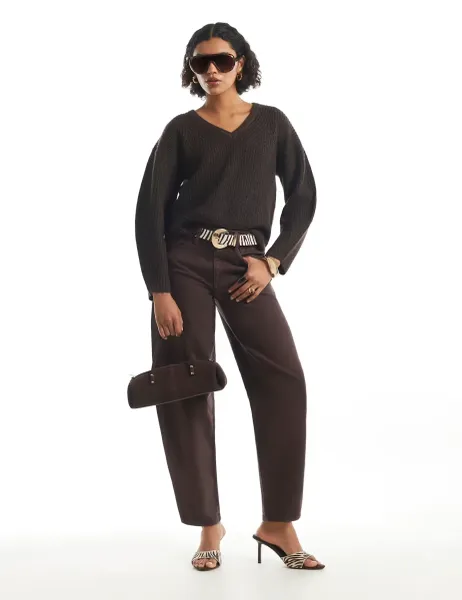River Island Ribbed V Neck Jumper Dark Brown