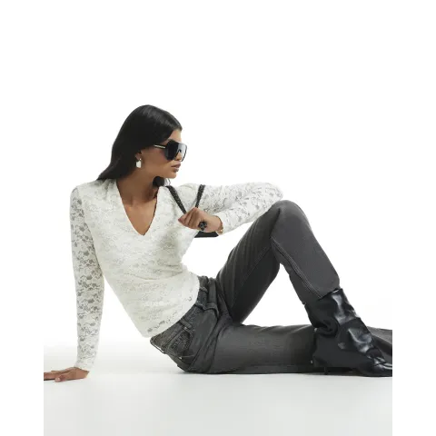 River Island Long Sleeve Lace Plunge Neck Top