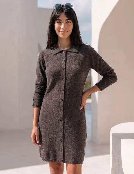 Roman Collared Button Through Knit Shift Dress Chocolate