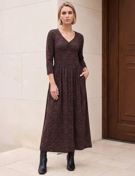 Roman Speckled Print Ruched Midi Dress Chocolate