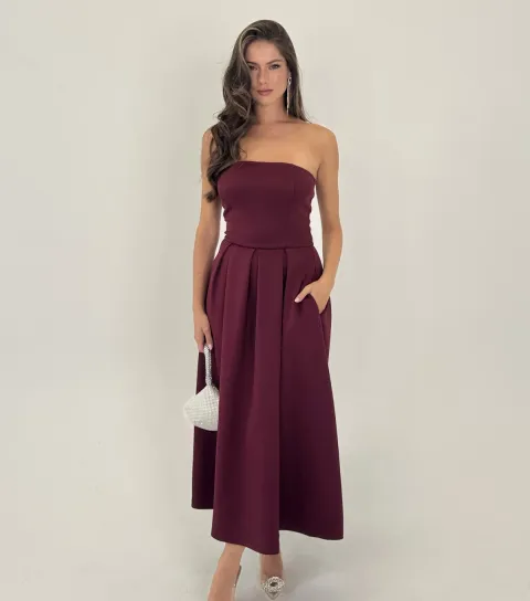 Women's Dark Purple Strapless Midi Dress
