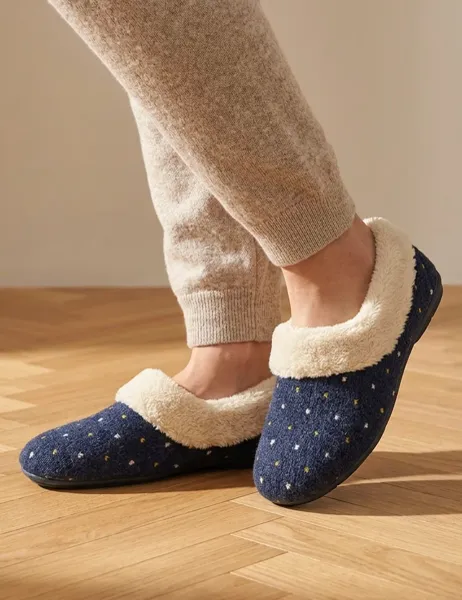 Jones Bootmaker Floella Faux Fur Cuffed Full Slippers Navy