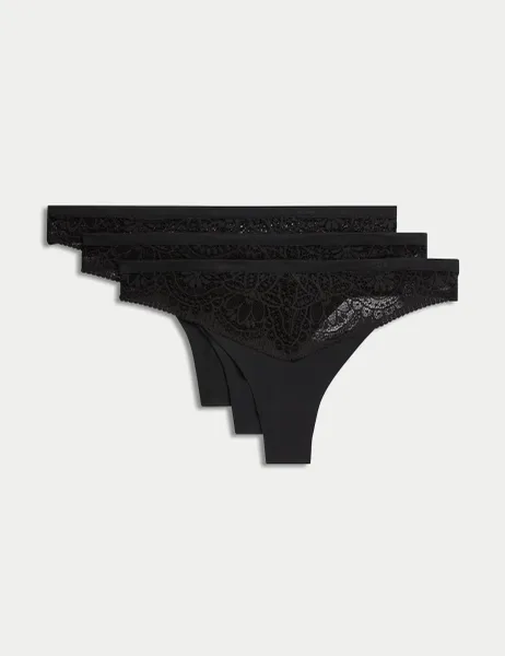 Body by M&S 3pk Body Soft Lace Thongs Black