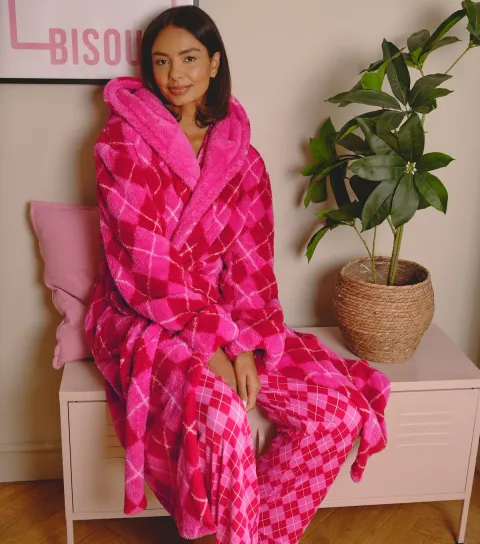 Women's Pink Argyle Check Borg Fleece Dressing Gown