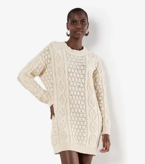 Women's Stone Cable Knit Oversized Jumper Dress