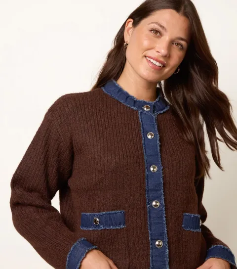 Blue Vanilla Women's Dark Brown Denim Trim Ribbed Knit Cardigan