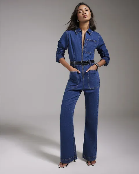 River Island Stretch Denim Straight Leg Jumpsuit