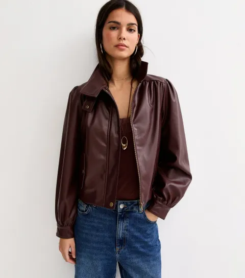 Women's Burgundy Faux Leather Funnel Neck Jacket