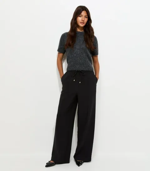 Women's Black Drawstring Front Crease Wide Leg Trousers
