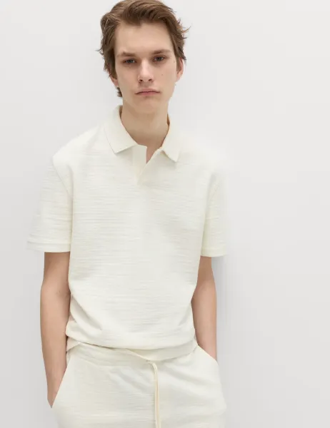 Marks & Spencer Cotton Rich Notch Neck Boucle Polo Shirt Ecru