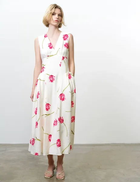 French Connection Floral V-Neck Midi Skater Dress Ivory Mix