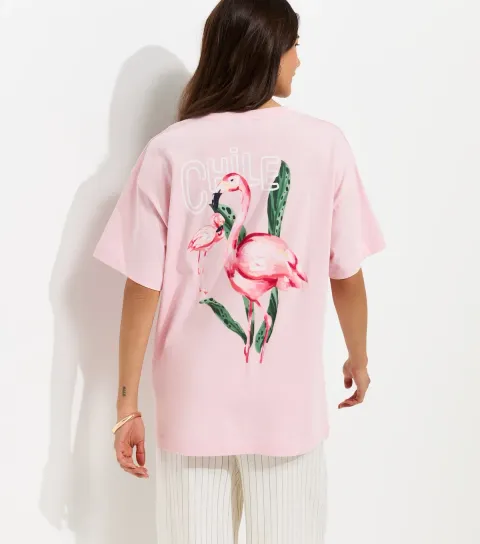 Women's Light Pink Cotton Flamingo Print Oversized T-Shirt