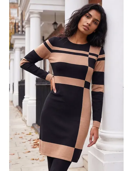 Roman Colour Block Knitted Jumper Dress Camel