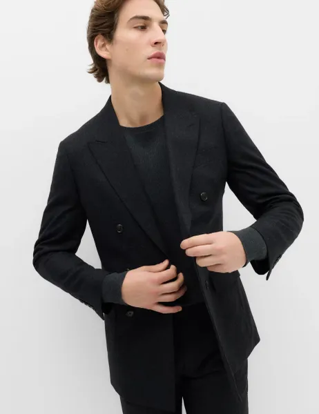 Marks & Spencer Regular Fit Wool Rich Tweed Double Breasted Jacket Dark Ink