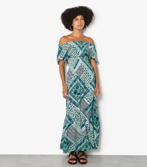 Women's Blue Scarf Print Maxi Dress