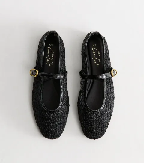 New Look Women's Black Buckle Strap Mesh Mary Jane Flats Vegan