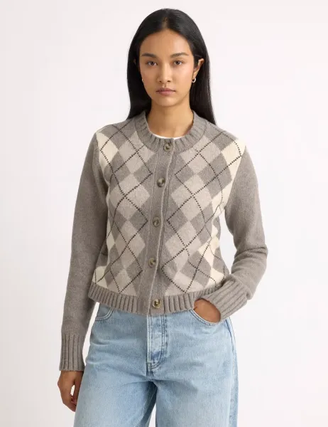 Argyle Button Front Cardigan with Wool Camel Mix