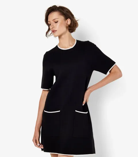 Women's Black Contrast Piping Knit Dress