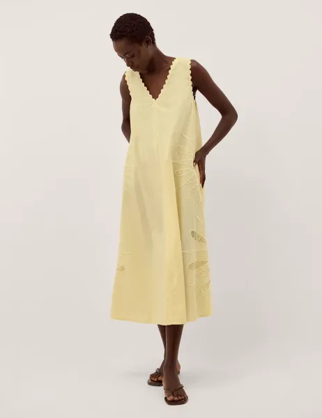 Pure Cotton V-Neck Cutwork Midi Swing Dress Yellow