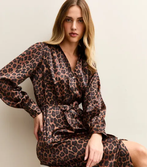 Women's Brown Satin Animal Print Shirt Dress
