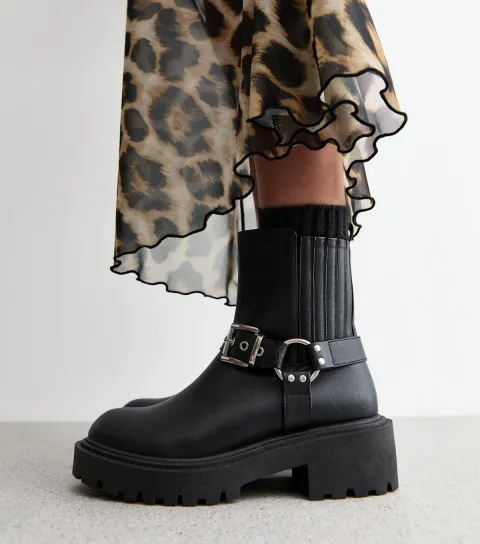 Women's Black Chunky Buckle Biker Boots Vegan