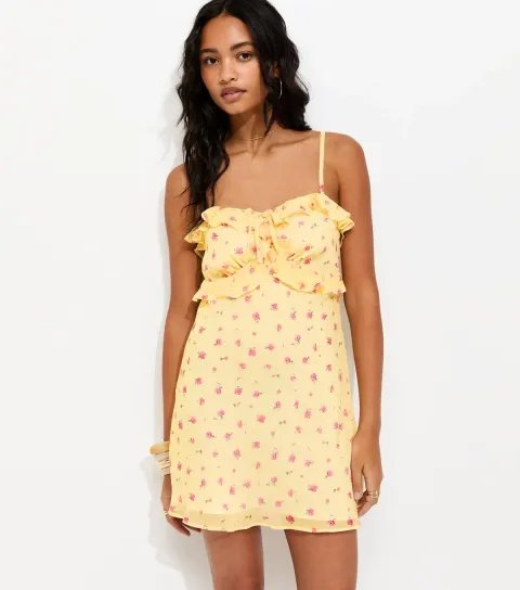 Women's Light Yellow Ditsy Floral Chiffon Ruffle Strappy Mini Dress