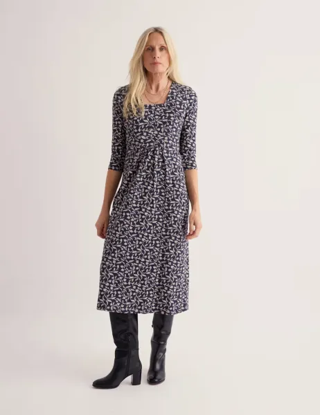Seasalt Cornwall Cotton Rich Printed Cowl Neck Midi Wrap Dress Navy Mix