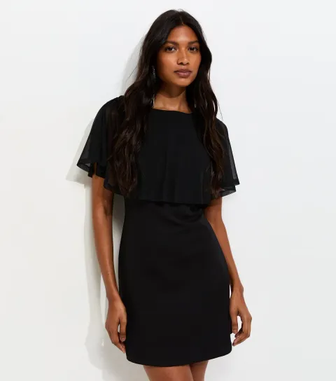 Women's Black Mesh Cape Mini Dress
