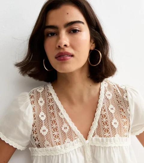 Women's Cream Lace Panel Button Up Blouse