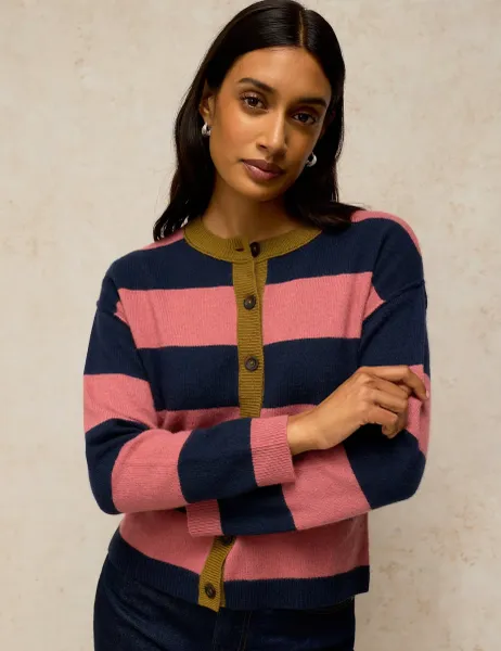 White Stuff Wool Blend Striped Crew Neck Cardigan Pink Mix