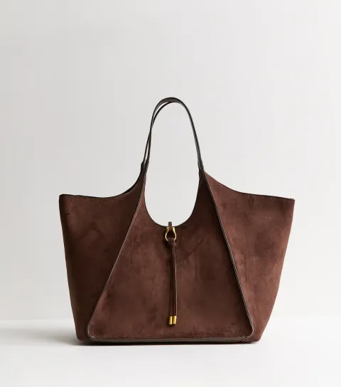 Dark Brown Faux Suede Exposed Seam Tote Bag Vegan
