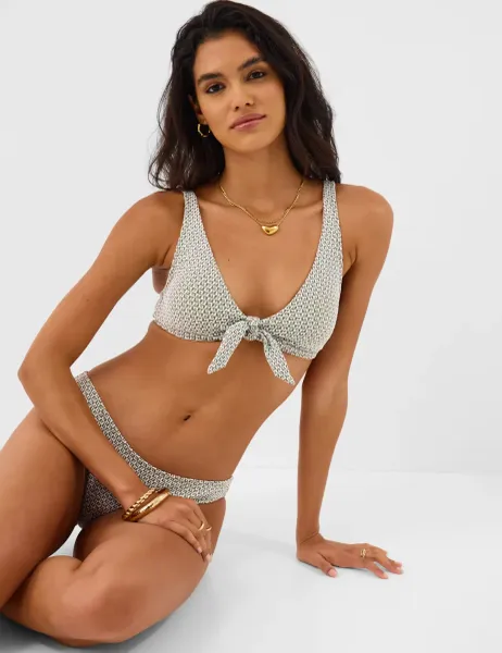 Accessorize Geometric Tie Front Plunge Bikini Top Khaki