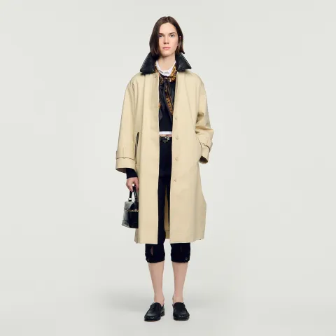 SANDRO Long coat with leather collar
