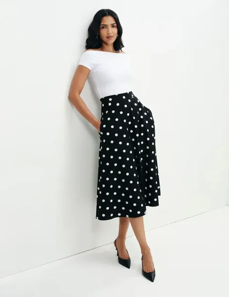 Finery London Pure Cotton Polka Dot Midi A-Line Skirt Black Mix